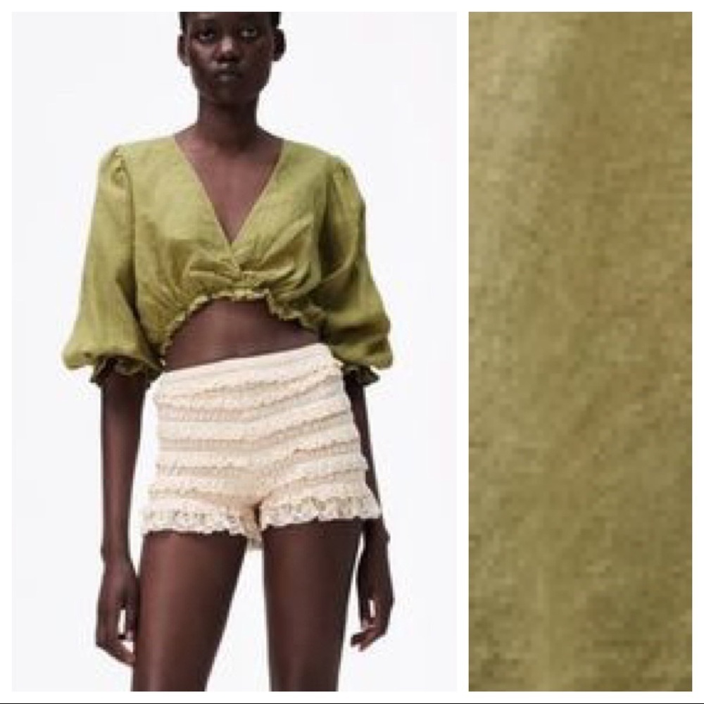 NWT. Zara Green Linen Puffed Sleeved Wrap Effect Blouse. Size M.